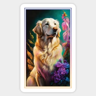 Golden Retriever Dog Vibrant Tropical Flower Tall Digital Oil Painting Portrait 3 Sticker